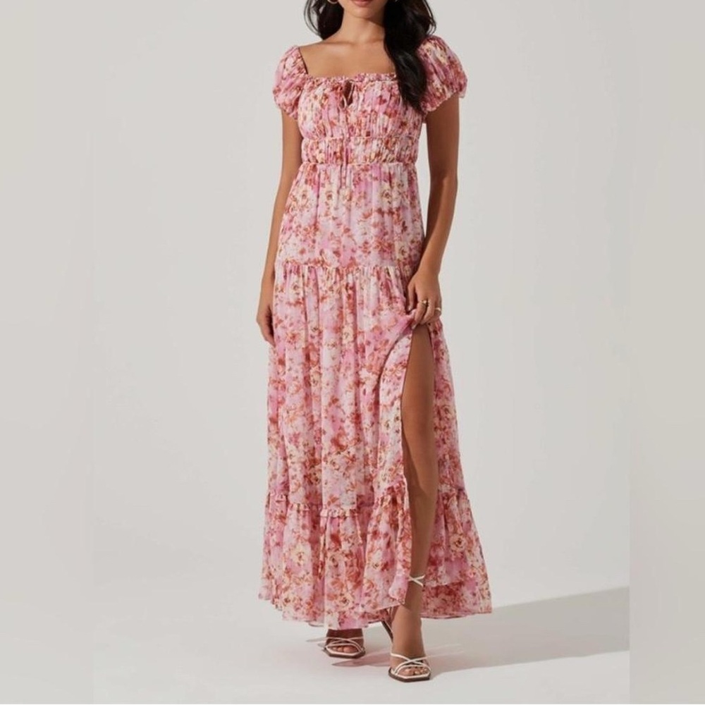 ASTR The Label Pink Floral Maxi Dress Watercolor Tiered Romantic S